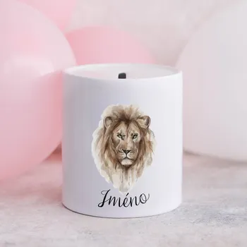 Pokladnička Domovi Bílá keramická pokladnička se jménem a lvem 9cm