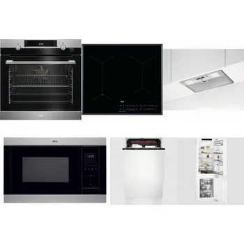 Set domácích spotřebičů AEG Mastery SteamBake BCK455350M + AEG Mastery SenseFry IAE64431FB + AEG DGB3523S + AEG Mastery MSB2547D-M + AEG Mastery MaxiFlex FSE73507P + AEG Mastery FlexiShelf SCE818D3LC