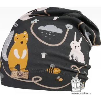 Čepice Bavlněná celopotištěná spadlá čepice Dráče - vzor 08 - tmavě šedá, lesní zvířátka Barva: Šedá tmavě, Velikost: 50-52