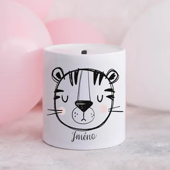 Pokladnička Domovi Bílá keramická pokladnička se jménem s tygrem 9cm