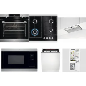 Set domácích spotřebičů AEG Mastery SteamBake BCK455350M + AEG Mastery SpeedBurner HKB64420NB + AEG DGB3523S + AEG Mastery MSB2547D-M + AEG FSE74707P + AEG Mastery FlexiShelf SCE818D3LC