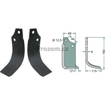 Fréza Frézovací klenutý nůž pravý pro Maschio, M19100417R, M48000404R, 44/12,5/194 mm