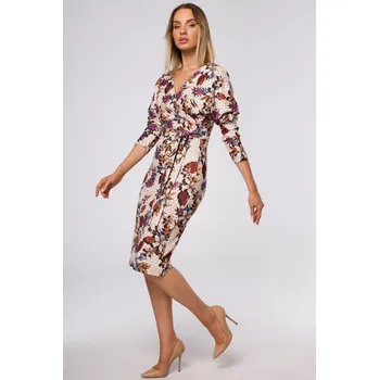 Dámské šaty Potištěné pletené šaty se zavinovacím topem a opaskem MOE M524 Barva: Béžová, Velikost: XL