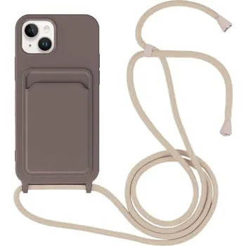 Pouzdro na mobilní telefon Silikonový kryt se šňůrkou a kapsou na karty pro iPhone 14 - tmavě hnědý