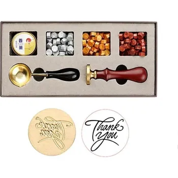 Pečeť Dárková sada pečetidlo „Thank You“ – kreativní set pro domácí výrobu pečetí, 3 barvy vosku, razítko a svíčka