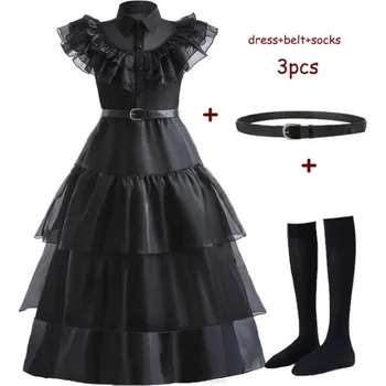 Karnevalový kostým Dětské šaty (kostým) Wednesday Addams s doplňky Varianta: šaty, pásek a podkolenky, Velikost: 110 (4-5 let)