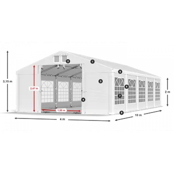 Zahradní stan Párty stan 4x10x2m střecha PVC 560g/m2 boky PVC 500g/m2 konstrukce LÉTO PLUS Šedá Šedá Červená