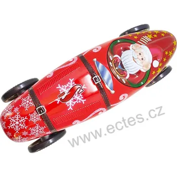Dóza na potraviny ZÁVODNIČKA SANTA plechová dóza červené závodní auto se Santou a jezdícími kolečky