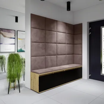 Předsíňová stěna Eka Předsíňová stěna s čalouněnými panely Trinity 3 - Dub Artisan s černou / Světlá hnědá 2306