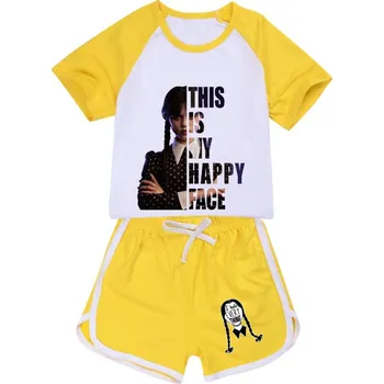 Dětský letní set tričko + kraťasy Wednesday Addams - Happy Face Barva: Žlutá, Velikost: 120