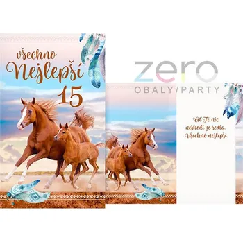 Přání s textem narozeninové 15 + obálka - kůň