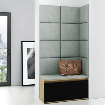 Předsíňová stěna Eka Předsíňová stěna s čalouněnými panely Trinity 2 - Dub Artisan s černou / Světlá zelená 2321