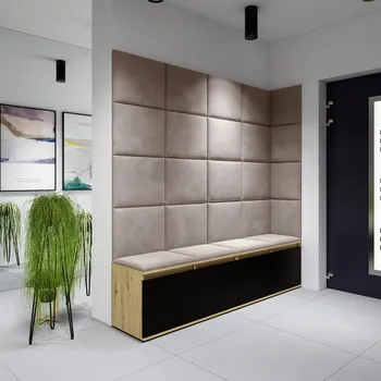 Předsíňová stěna Eka Předsíňová stěna s čalouněnými panely Trinity 3 - Dub Artisan s černou / Světlá béžová 2303