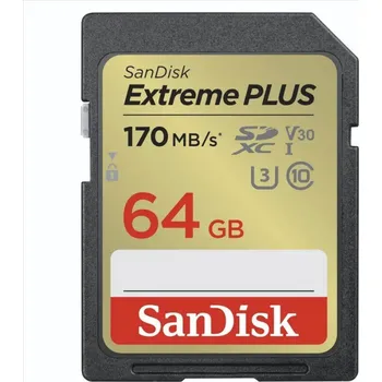 SanDisk Extreme PLUS 64GB SDXC Memory Card 170MB/s and 80MB/s, UHS-I, Class 10, U3, V30