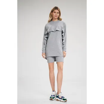 Dámské šaty Rovné bavlněné šaty s dlouhým rukávem a volánkem Barva: Šedá, Velikost: S/M