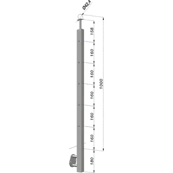Zábradlí KOVIAN, s.r.o. Nerezový sloup, boční kotvení, 5 děrový koncový, levý, vrch pevný, (40x40 mm), broušená nerez K320 / AISI304
