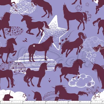 Zakázkový tisk, softshell, kočárkovina... Jednorožci, hvězdy a mraky na fialové Látky k tisku: Lycra