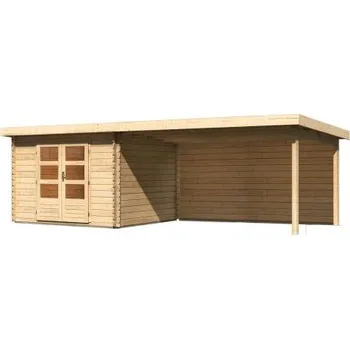 Zahradní stavba dřevěný domek KARIBU BASTRUP 5 + přístavek 400 cm včetně zadní stěny (9311) natur