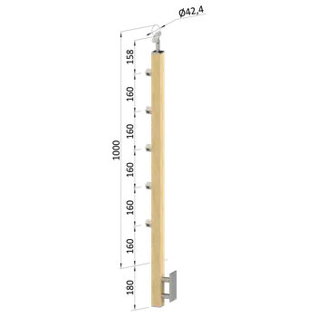 Zábradlí KOVIAN, s.r.o. dřevěný sloup, boční kotvení, 5 řadový, průchozí, vnější, vrch nastavitelný (40x40mm), materiál: buk, broušený povrch bez nátěru