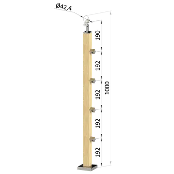 Zábradlí KOVIAN, s.r.o. dřevěný sloup, vrchní kotvení, 4 řadový, průchozí, vrch nastavitelný (40x40mm), materiál: buk, broušený povrch s nátěrem BORI (bezbarvý)