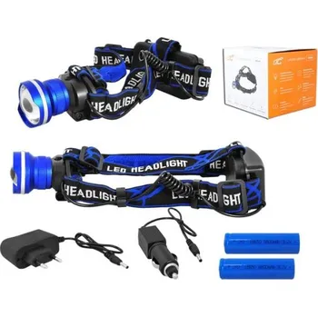 SVÍTILNA ČELOVKA LED 8W | 2x AKU LI-ION 18650 | NABÍJEČKA 230V + 12V | BARVA MODRÁ