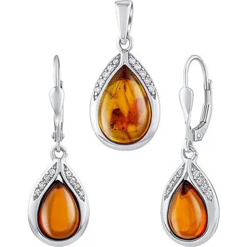 Souprava šperků Stříbrný set šperků s pravým Jantarem a Brilliance Zirconia - náušnice a přívěsek JST13327SJ