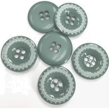 Knoflík Gu156, Plast. knoflík zeleno-šedý, bílý vzor, 34 mm