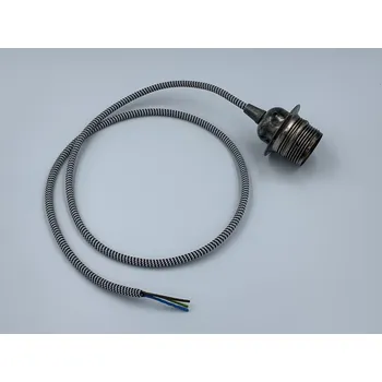 Objímka na žárovku Kovová retro objímka starostříbrná s černobílým textilním kabelem Délka kabelu: Kabel 3m