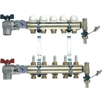 rozdělovač topení TIEMME rohový 5 okruhový plně osazený rozdělovač s průtokoměry, 1"