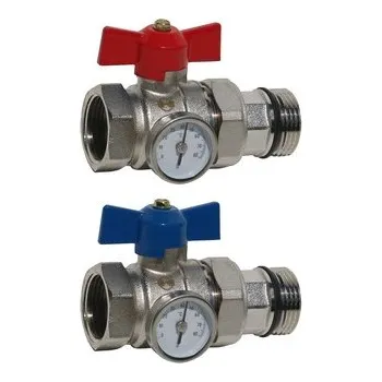 Ventil H-LINE 1" přímý kul. kohout ŠMM s teploměrem (0-80°C) a šroubením, červený