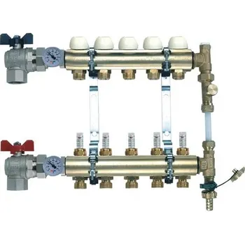 rozdělovač topení TIEMME 1" rohový plně osazený rozdělovač s by-passem a průtokoměry 2 okruhy