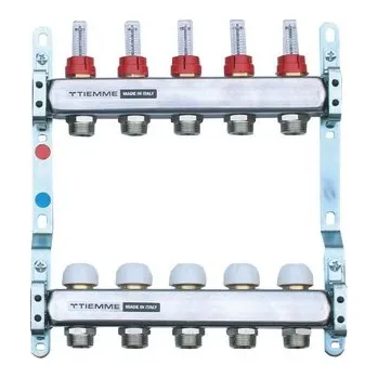 rozdělovač topení TIEMME 5 okruhový nerez rozdělovač 1" s průtokoměry