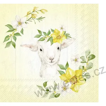Papírový ubrousek IHR LAMMY papírový dekorační ubrousek na découpage bílý beránek a květy narcisů