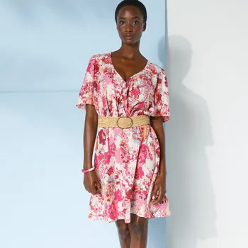 Dámské šaty Rozšířené krátké šaty s překříženým výstřihem, s potiskem béžová/růžová 42