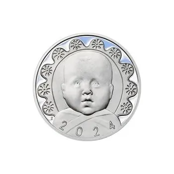 Stříbrný medailon k narození dítěte s peřinkou 2024 - 28 mm