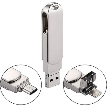 Flash disk 32 GB 3v1 pro Apple iPhone / MacBook a další zařízení - Lightning / USB / USB-C - kovový - stříbrný
