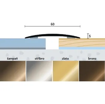 přechodová lišta přechodový profil samolepící 60x6,5mm,hliník elox stříbrný matný, délka 270cm (cena za bm)