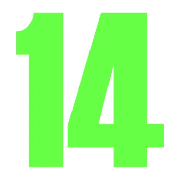 Samolepicí dekorace na vozidlo Startovní číslo 14 typ 2 (71 - Fluorescentní zelená) SAMOLEPKA NA AUTO, NÁLEPKA, FÓLIE, POLEP, TUNING, VLASTNÍ TEXT, TISK, AUTOSAMOLEPKY.cz, POLEPY, OBRÁZEK, LOGO, 3D STICKERS