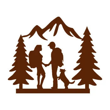 Samolepící dekorace SAMOLEPKA Zamilovaná turistika 001 levá výlet s pejskem (15 - hnědá) NA AUTO, NÁLEPKA, FÓLIE, POLEP, TUNING, VLASTNÍ TEXT, TISK, AUTOSAMOLEPKY.cz, POLEPY, OBRÁZEK, LOGO, SAMOLEPKY