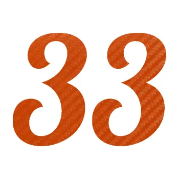 Polep vozidla Startovní číslo 33 typ 3 (54 - 3D karbon oranžový) SAMOLEPKA NA AUTO, NÁLEPKA, FÓLIE, POLEP, TUNING, VLASTNÍ TEXT, TISK, AUTOSAMOLEPKY.cz, POLEPY, OBRÁZEK, LOGO, 3D STICKERS