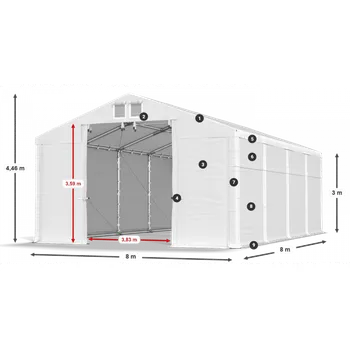 Zahradní stan Skladový stan 8x8x3m střecha PVC 620g/m2 boky PVC 620g/m2 konstrukce ZIMA PLUS Bílá Bílá Bílá