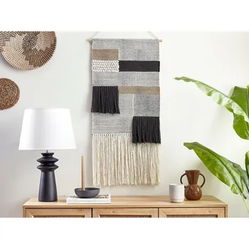 Závěs na stěnu Béžová a černá bavlna 46 x 114 cm Ručně tkané se střapci Geometrický vzor Nástěnná dekorace Boho Styl Obývací pokoj Ložnice Beliani
