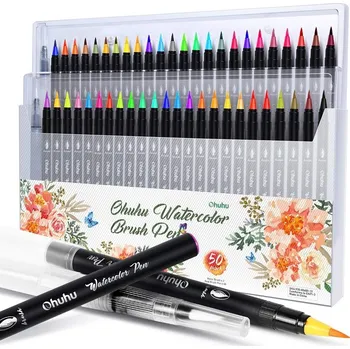 Akvarelové fixy OHUHU Watercolor Brush Pen, 48ks + 2 vodní štětce