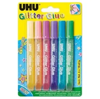 Kancelářské lepidlo UHU Glitter Glue Shiny 6 x 10 ml Sada gelových lepidel v extra zářivých barvách pro kreativní práci