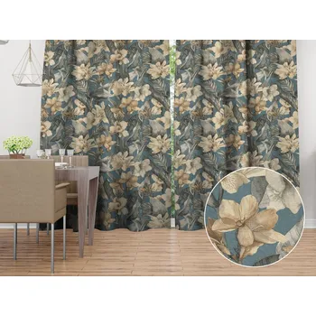 ubrus Dekorační závěs Porto PRT-005 Květy a listy na tmavě modrém - šířka 130 cm 130x140 cm