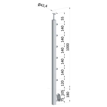 Zábradlí KOVIAN, s.r.o. nerezový sloup, boční kotvení, 6 řadový průchozí, vnitřní, vrch pevný (40x40mm), broušená nerez K320 /AISI304