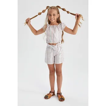 Dívčí kraťasy DEFACTO dívčí šortky s vysokým pasem a páskem s pruhy DEFACTO šedá | hnědá 2207143