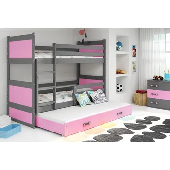 BMS GROUP Dětská patrová postel Rico - 3 osoby, 80x190 s výsuvnou přistýlkou s matrací – Grafitová, Růžová, Růžová