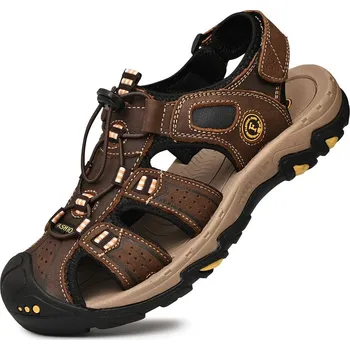 Dámské sandále Kožené pánské sandály páskové s prošíváním Barva: Tmavě Hnědá, Velikost: 39