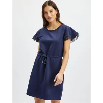 Dámské šaty Tmavě modré dámské mikinové šaty s krajkou